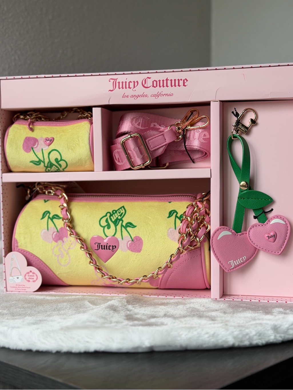 Juicy Couture Pink Yellow Iris Heritage Cherry Barrel Crossbody Heart Charm Rare